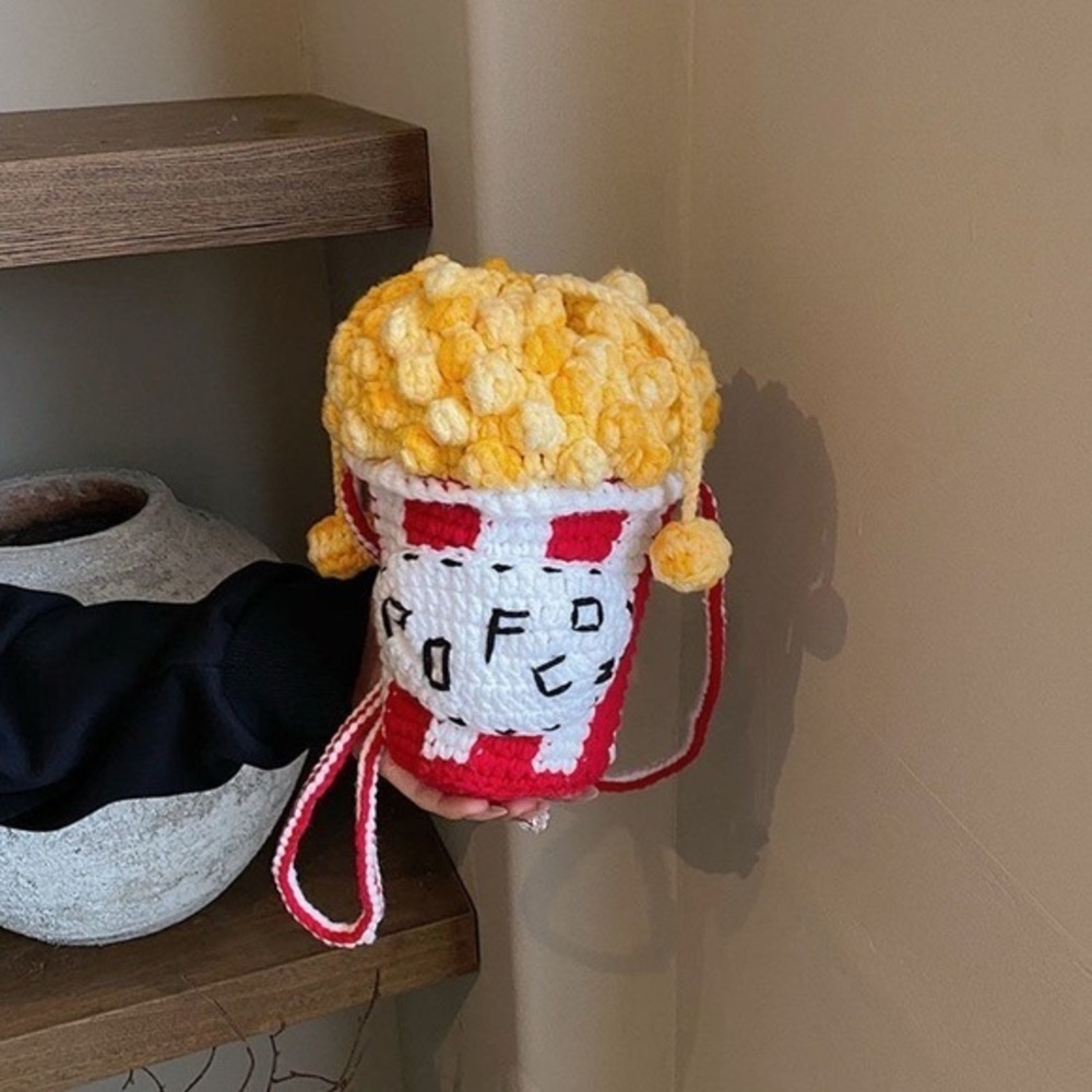Handmade Crochet‎ Popcorn Bag Knit Shoulder Purse Red White Yellow Unique Gift